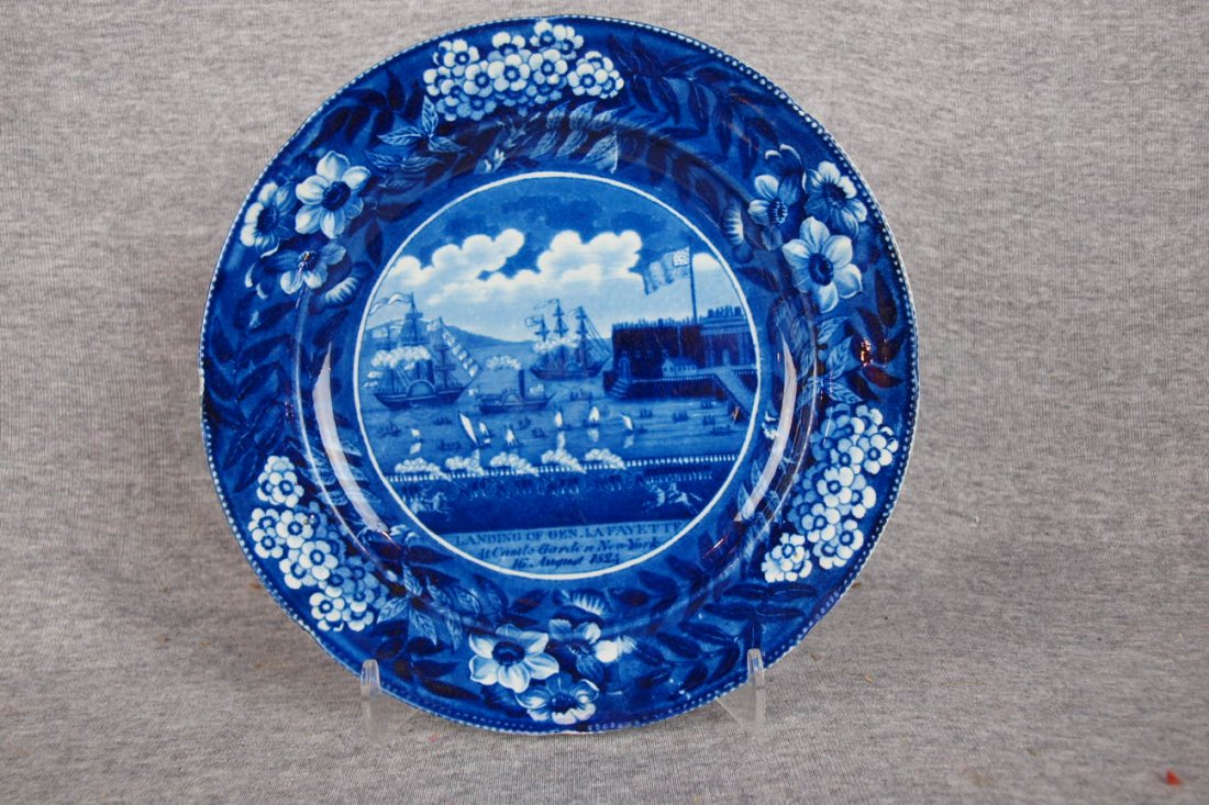 Flow blue historical plate, "Landing of Gen. Lafa: Flow blue historical plate, "Landing of Gen. Lafayette", 8 3/4"