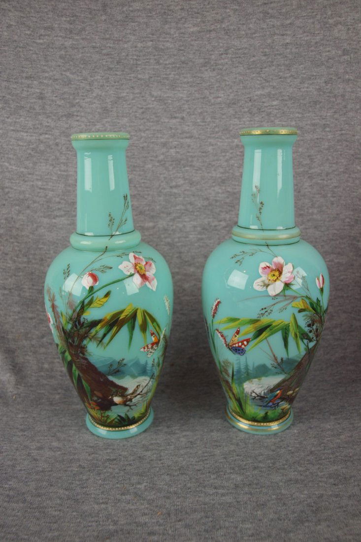 Pair of green Bristol glass vases with enamel flo: Pair of green Bristol glass vases with enamel floral motif , 10"