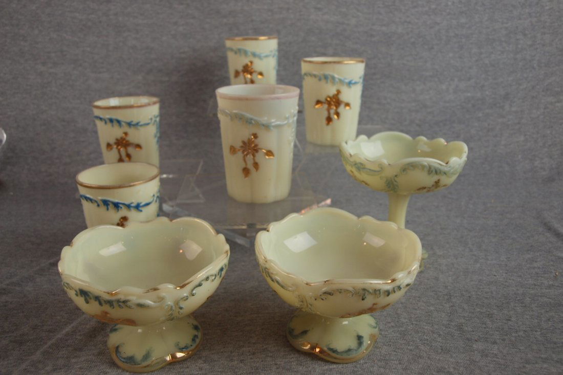 Intaglio custard glass lot of 8 pieces with blue: Intaglio custard glass lot of 8 pieces with blue accent - 5 tumblers, 2 sherberts and compote