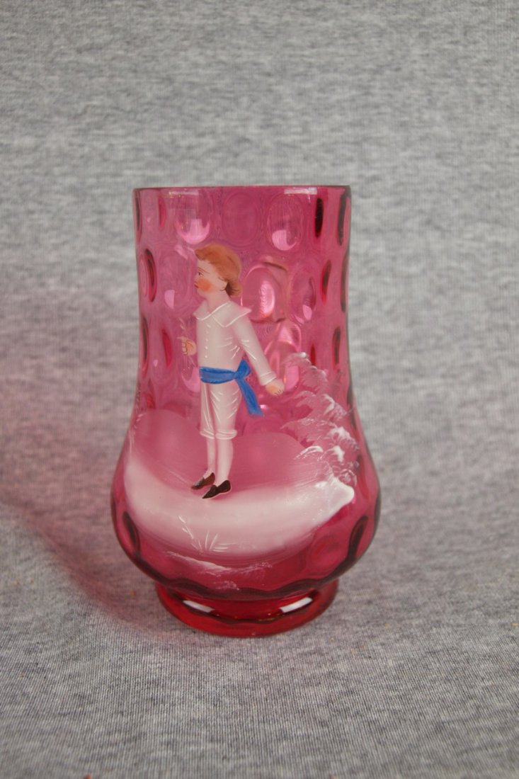 Cranberry Mary Gregory glass mug, 5 1/4": Cranberry Mary Gregory glass mug, 5 1/4"