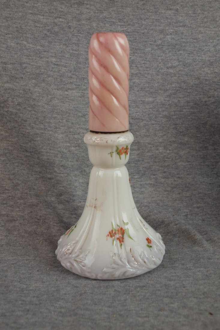 Miniature lamp - Pairpoint candle lamp, milk gla: Miniature lamp - Pairpoint candle lamp, milk glass base and pink cased swirl shade, Pairpoint burner, 8 3/4"