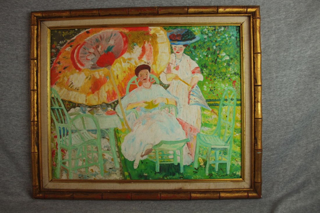 Asian painting on board of women on patio, signe: Asian painting on board of women on patio, signed, 20" x 16"