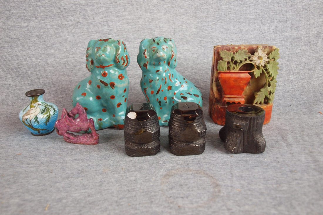 Oriental lot - small Cloisonne vase, pair green : Oriental lot - small Cloisonne vase, pair green dogs, soapstone pair of bookends, soapstone horse and coal carved salt/pepper and toothpick