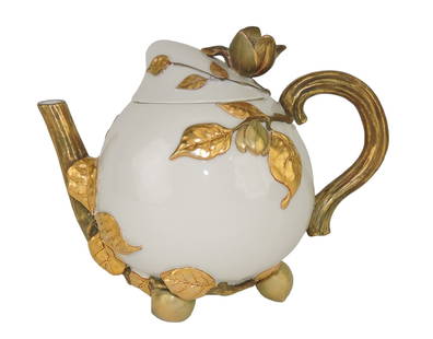 A Rare and Unusual Royal Worcester: Porcelain Aesthetic Movement Teapot and Cover c.1875. Modelled as a gourd with 22ct gilded trailing leaves, upon three bulb feet, the spout and handle formed as branch and a blossom forming the