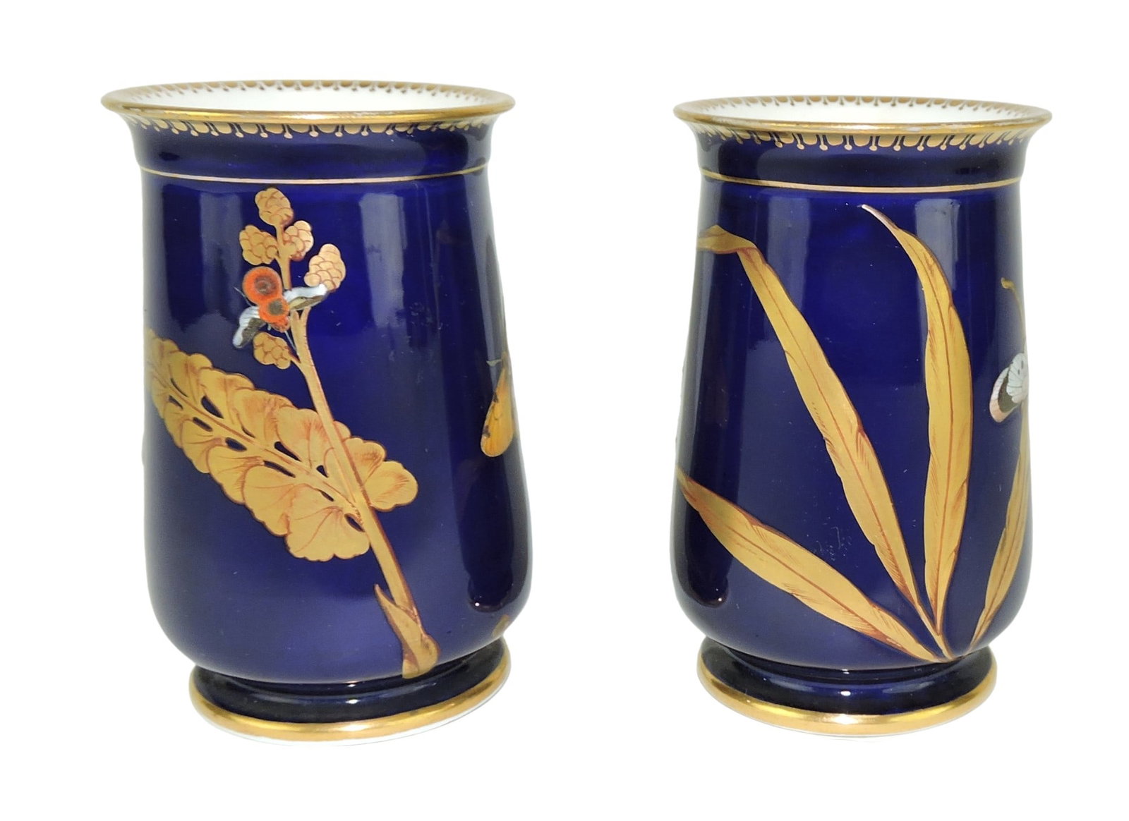 Pair of Royal Worcester Porcelain: Aesthetic Movement Posy Vases c.1880, the straight sided, cobalt blue bodies decorated 22ct gilded fauna and enamelled butterflies; 4" Catalogued and curated by Nicolaus Boston