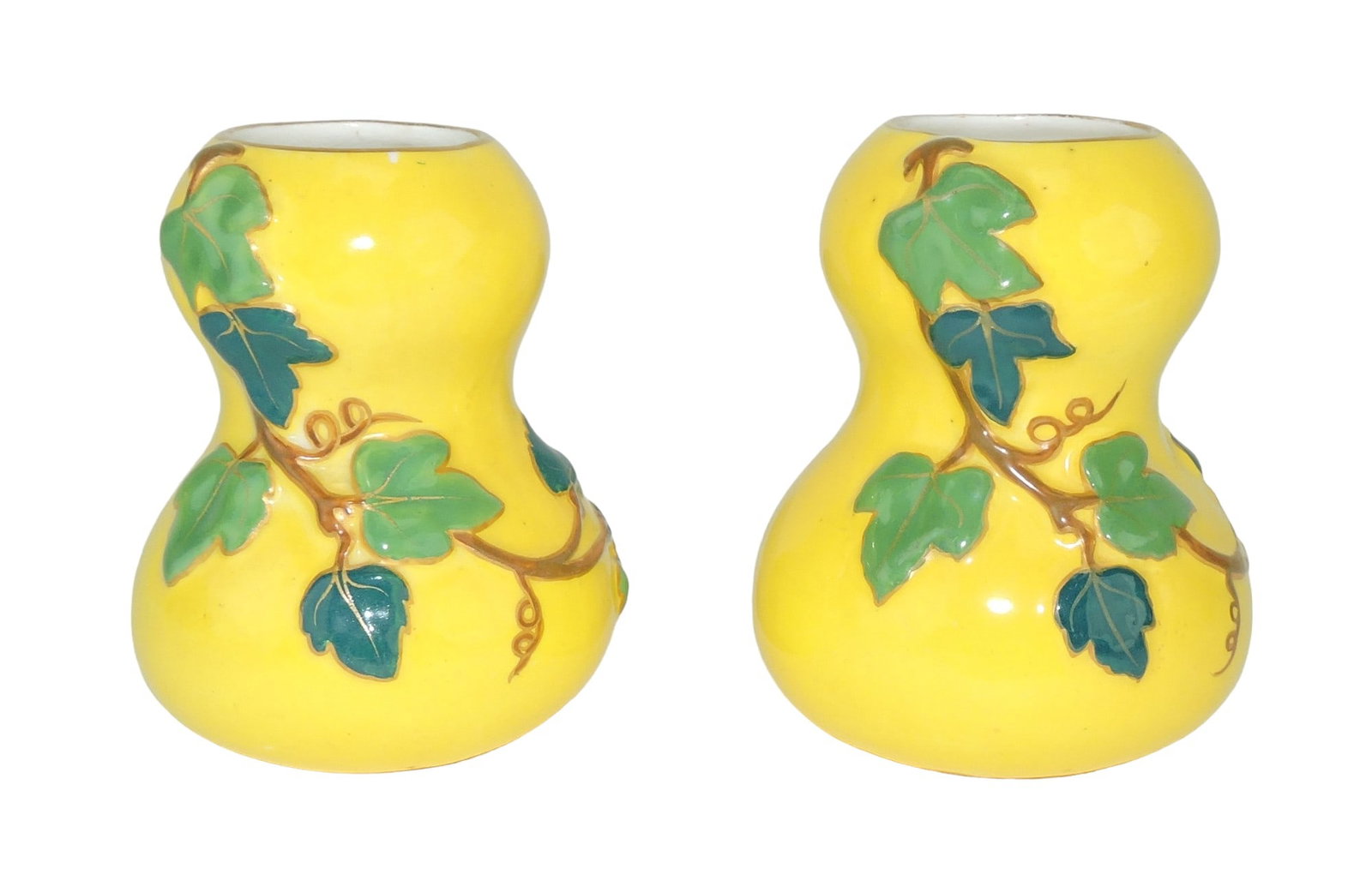Pair of the Royal Worcester Aesthetic: Movement Double Gourd Vases c.1880, each with a bright yellow body and decorated with trailing ivy; 3 1/2" Catalogued and curated by Nicolaus Boston
