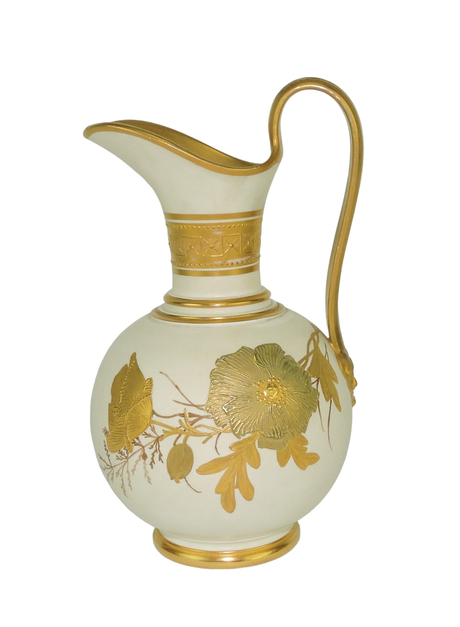 Rare Wedgwood Aesthetic Movement: Pitcher c.1890, the ivory ground body decorated 22ct gilded fauna with a high looping handle; 7" Catalogued and curated by Nicolaus Boston