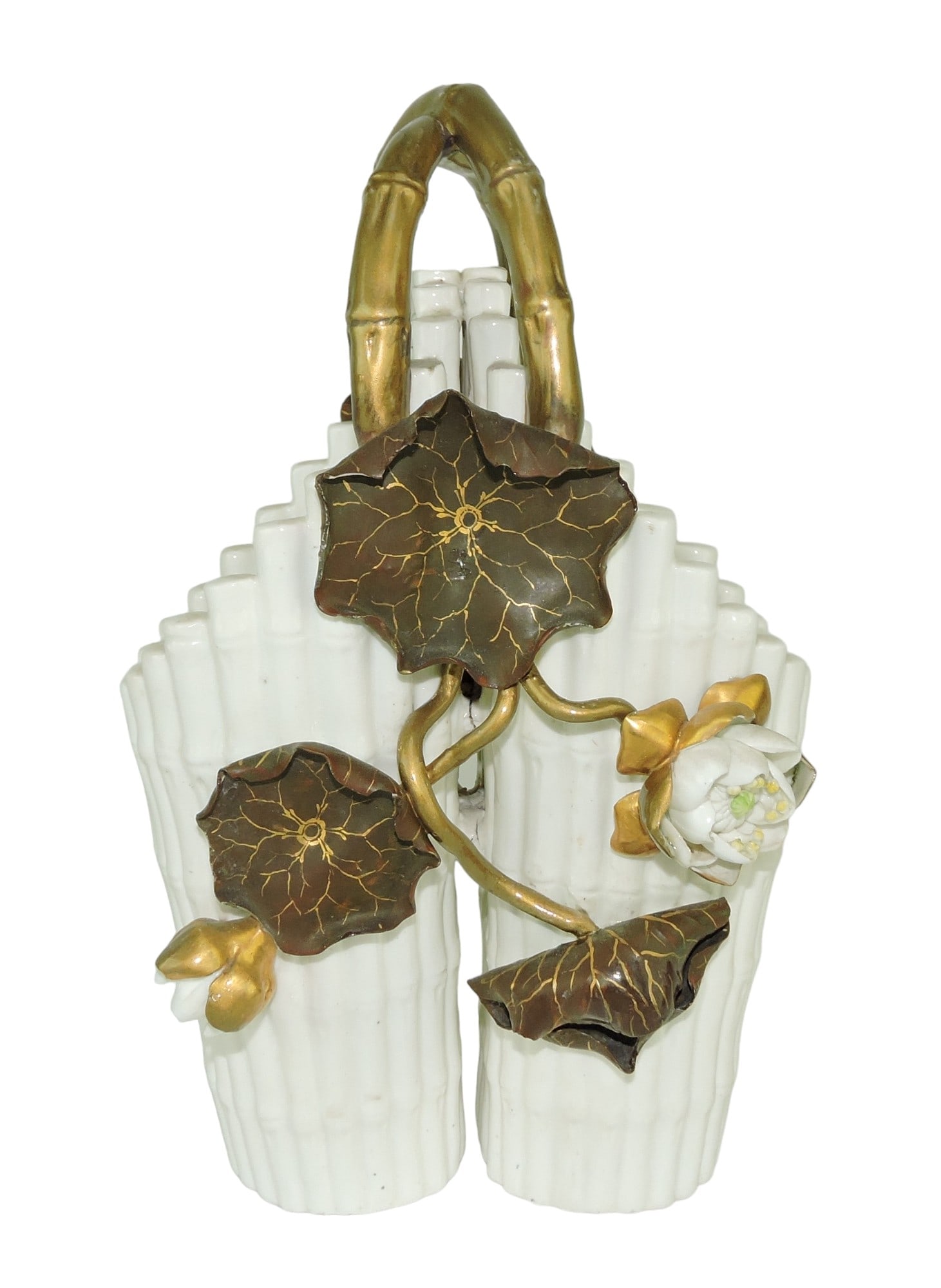 Moore Brothers Porcelain Aesthetic: Movement Posy Basket c.1890, the white body modelled as upright bamboo with large applied bronzed and gilded lilies; 10 1/2", professional leaf repair Catalogued and curated by Nicolaus Boston