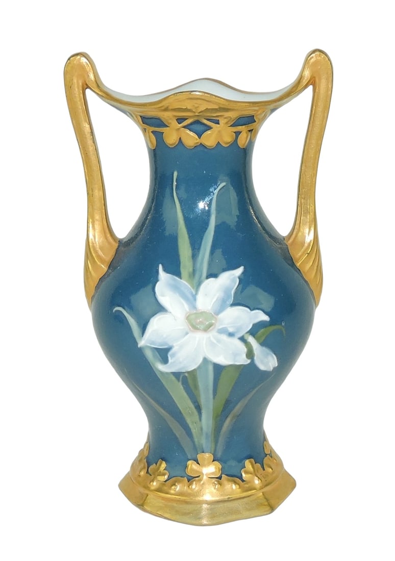 Gebruder Heubach Pate Sur Pate: Vase c.1890, the peacock green body boldly painted with grasses and a pate sur pate flower, with two large 22ct gilded handles; 9 1/2", professional base rim repair Catalogued and curated by Nicolaus 