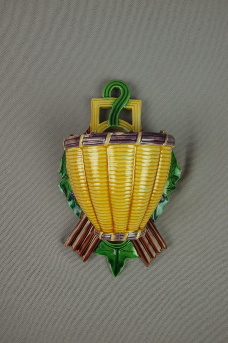 MINTON majolica basketweave wall pocket, chips and: MINTON majolica basketweave wall pocket, chips and losses