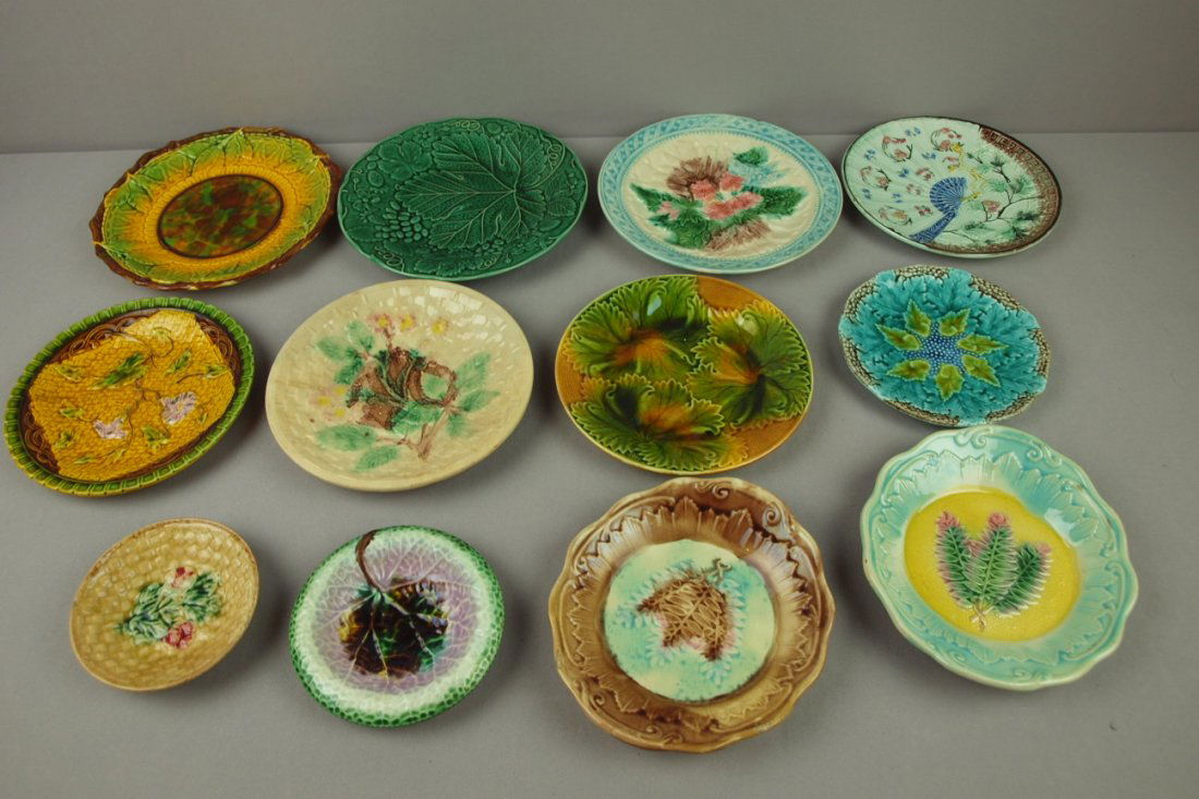 Majolica lot of 12 plates, various condition: Majolica lot of 12 plates, various condition