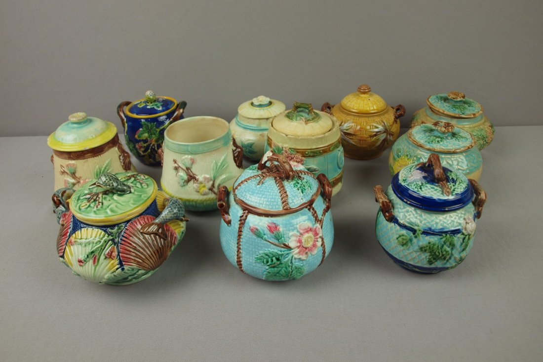 Majolica lot of 11 sugar bowls, various condition : Majolica lot of 11 sugar bowls, various condition