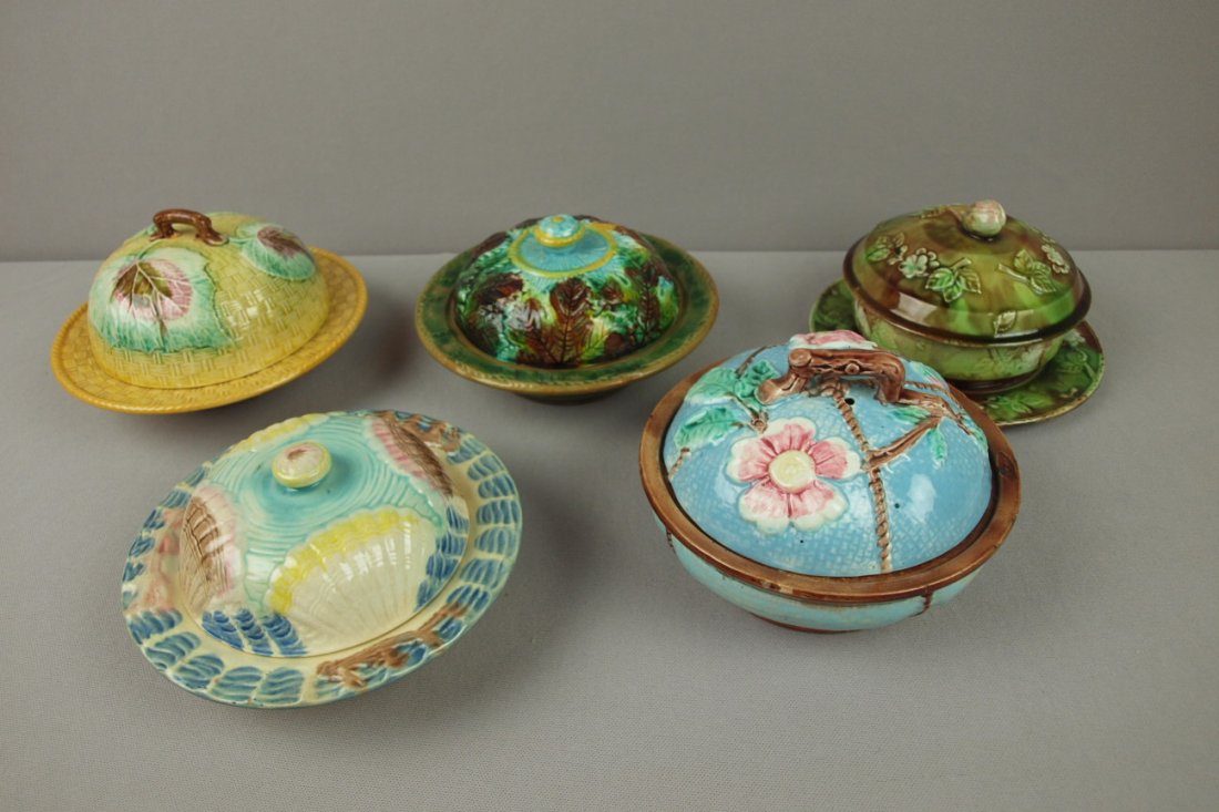 Majolica lot of 5 butter dishes, various condition: Majolica lot of 5 butter dishes, various condition