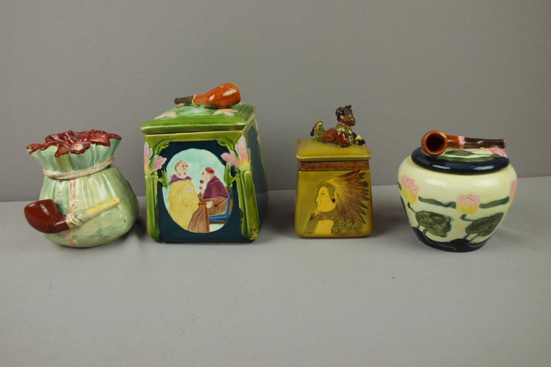 Majolica lot of 4 Continental humidors, various co: Majolica lot of 4 Continental humidors, various condition