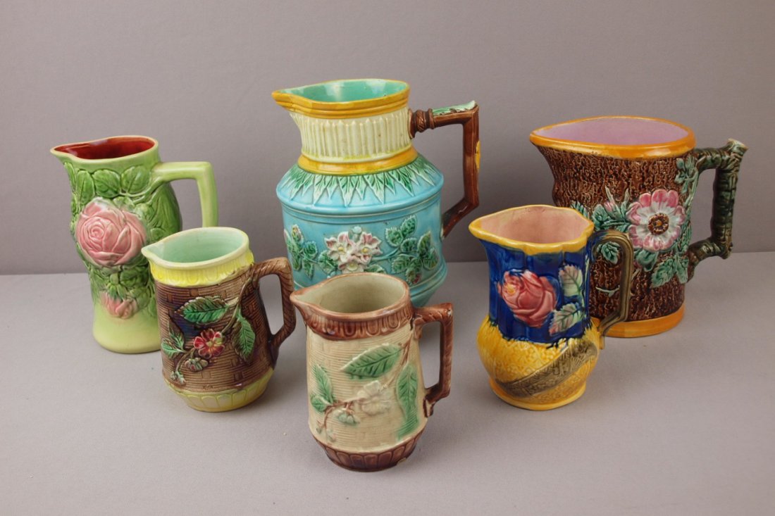 Majolica lot of 6 pitchers, nice lot: Majolica lot of 6 pitchers, nice lot