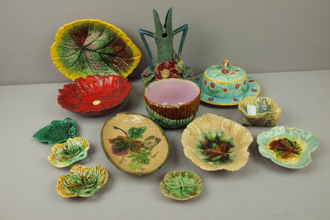 Majolica lot of 13 assorted items - trays, butter: Majolica lot of 13 assorted items - trays, butter pats, butter dish, finger bowl, vase and more, various condition