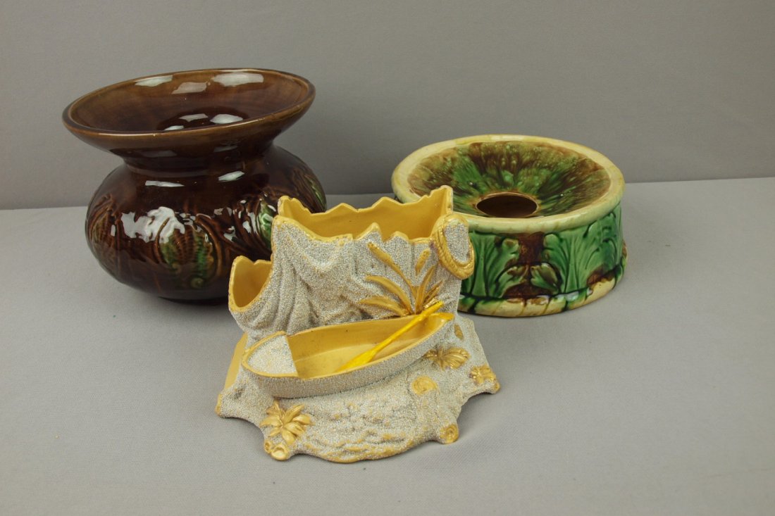 Majolica lot of 2 spittoons and one yellow sanded: Majolica lot of 2 spittoons and one yellow sanded match striker with boat, various condition