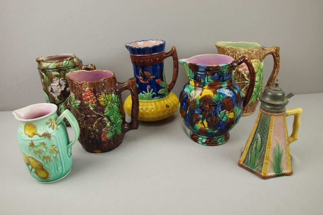 Majolica lot of 7 pitchers, various condition: Majolica lot of 7 pitchers, various condition