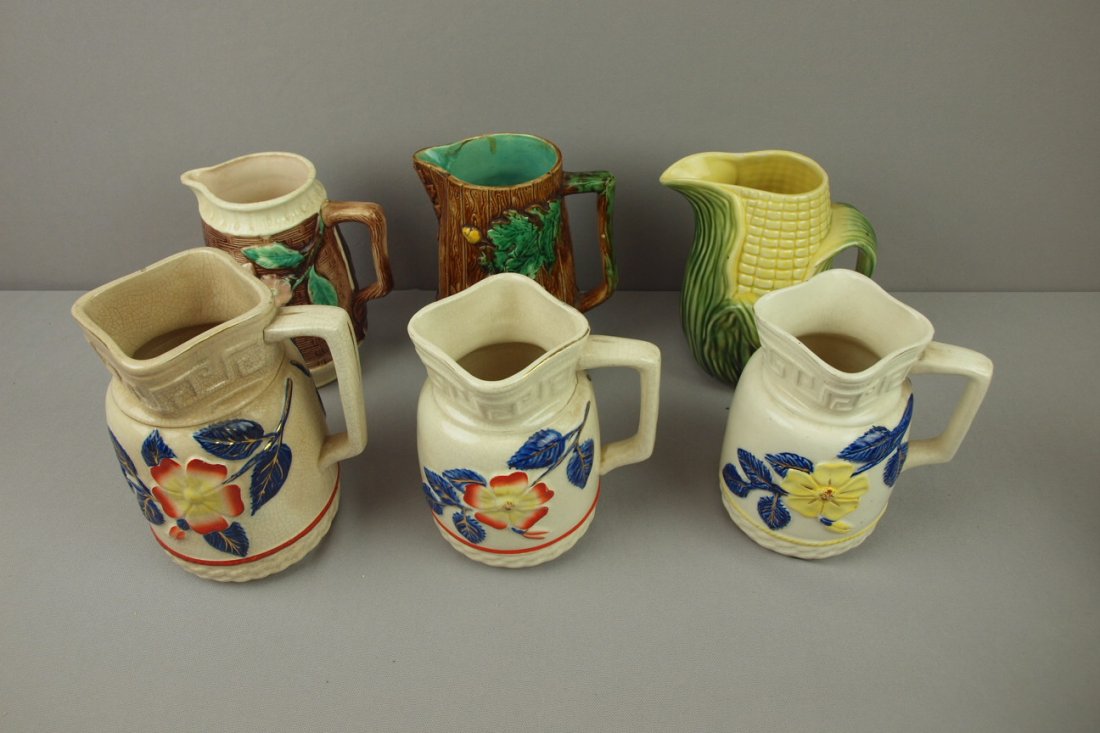 Majolica lot of 6 pitchers, various condition: Majolica lot of 6 pitchers, various condition