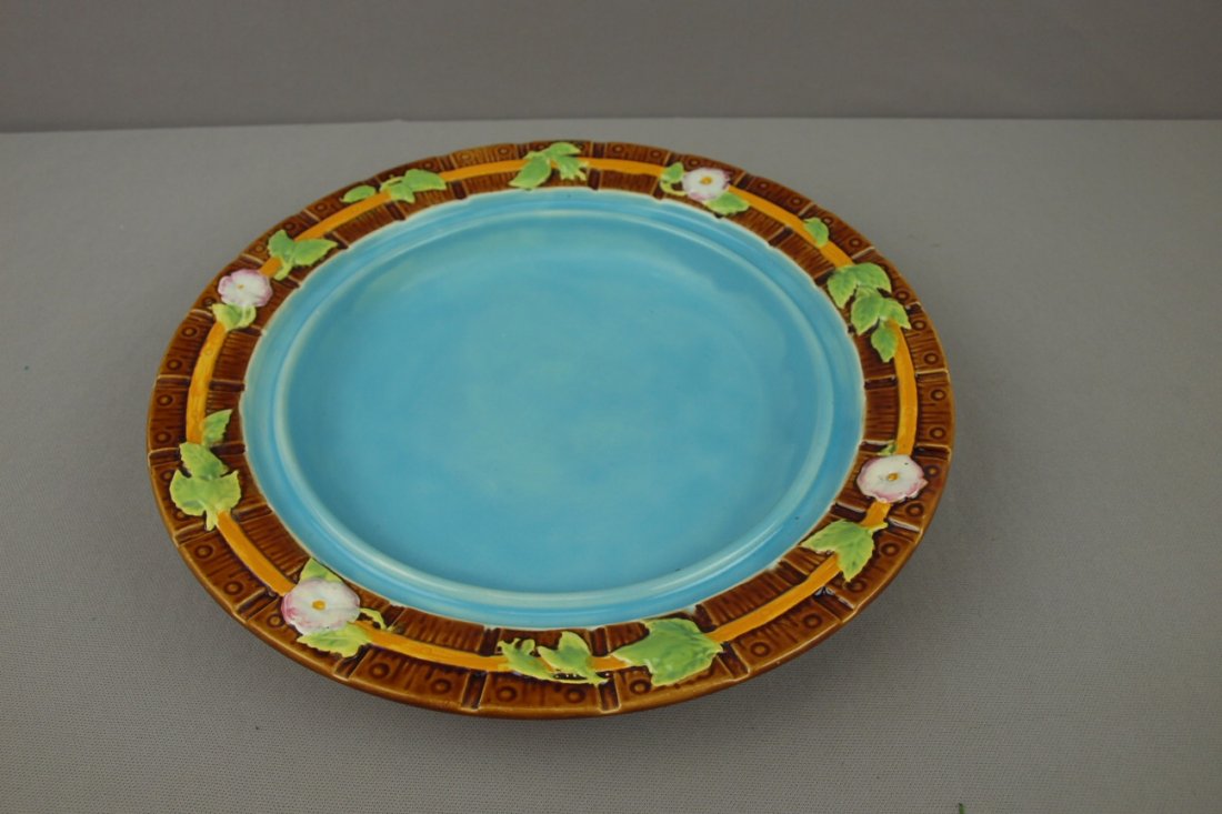 GEORGE JONES majolica brown picket fence cheese k: GEORGE JONES majolica brown picket fence cheese keeper base, 12"d
