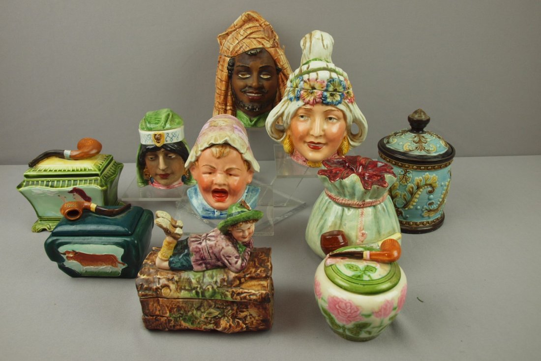 Majolica lot of 10 tobacco humidors, various cond: Majolica lot of 10 tobacco humidors, various condition