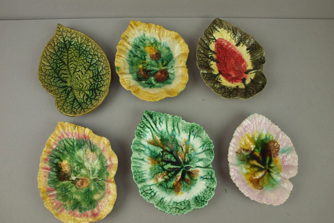Majolica lot of 6 begonia dishes, various conditi: Majolica lot of 6 begonia dishes, various condition