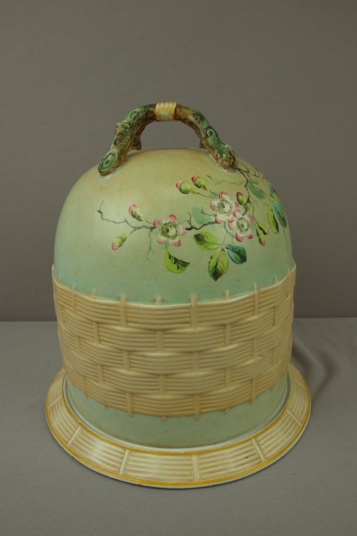 GEORGE JONES style albino apple blossom cheese ke: GEORGE JONES style albino apple blossom cheese keeper, 11 1/2"h, hairline to cover