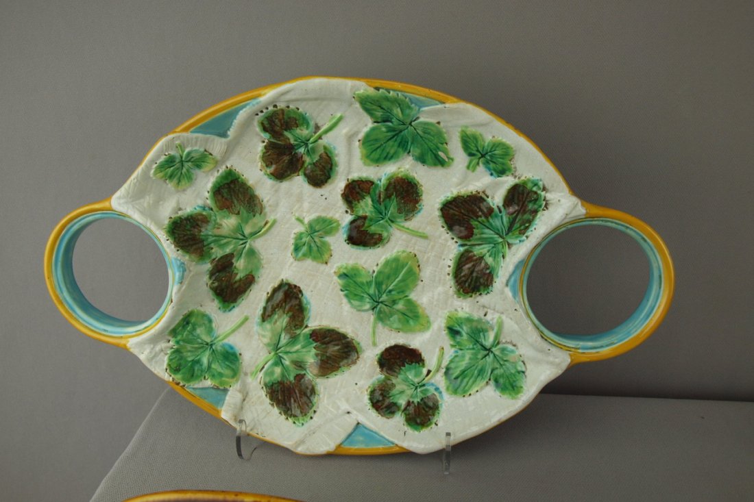 GEORGE JONES majolica turquoise napkin strawberry: GEORGE JONES majolica turquoise napkin strawberry serving platter, 14 1/2"