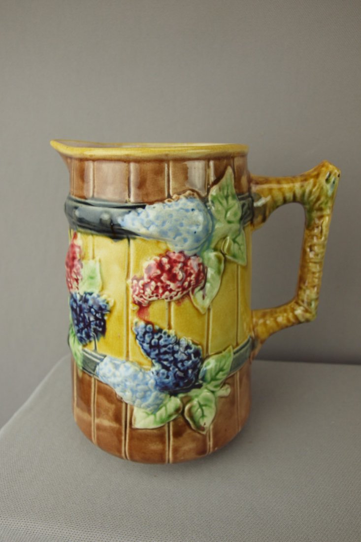 Majolica picket fence and floral pitcher, 7": Majolica picket fence and floral pitcher, 7"