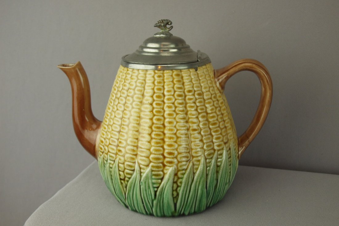 Majolica corn teapot with pewter lid, hairline, 6: Majolica corn teapot with pewter lid, hairline, 6"