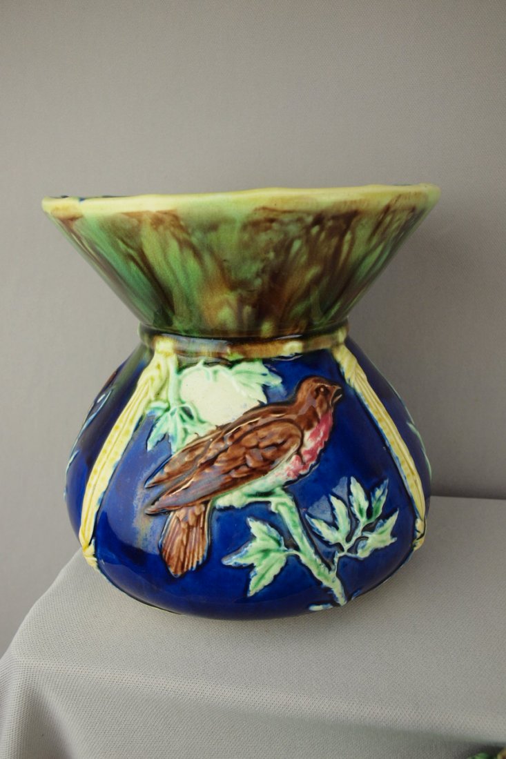 Majolica cobalt bird on branch spittoon, 7 1/2": Majolica cobalt bird on branch spittoon, 7 1/2", chip to inside rim