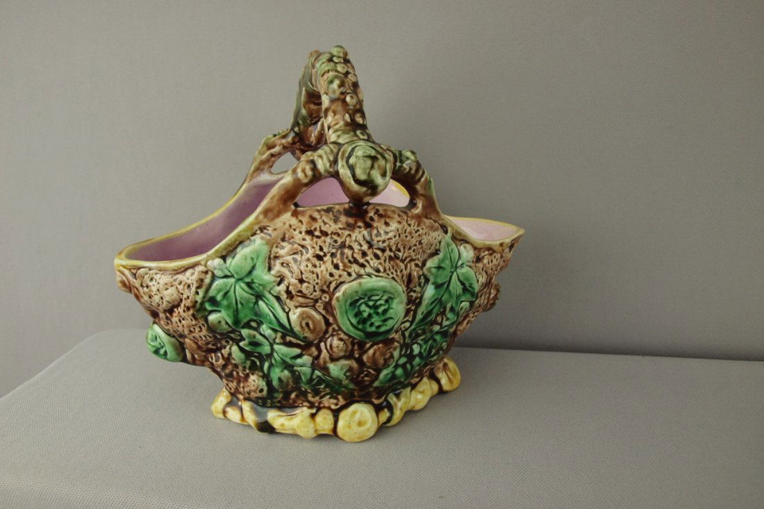 Majolica rustic basket with branch handle, 8": Majolica rustic basket with branch handle, 8"