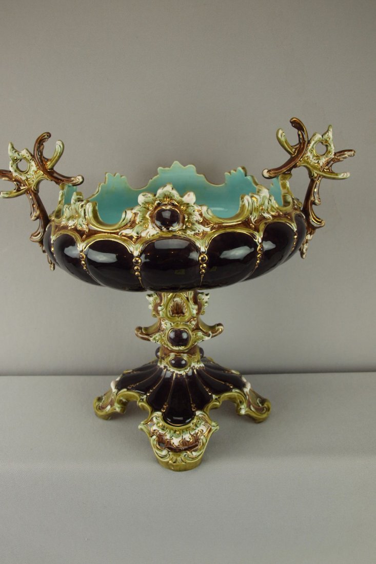 JULIUS DRESSLER majolica compote, nice detail and: JULIUS DRESSLER majolica compote, nice detail and condition, 12"h, 14"w