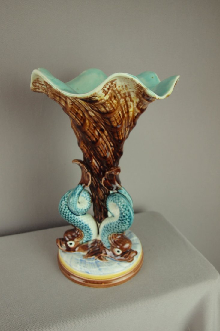 Gustafsburg majolica shell figural vase supported: Gustafsburg majolica shell figural vase supported by three dolphins, 9 1/2"