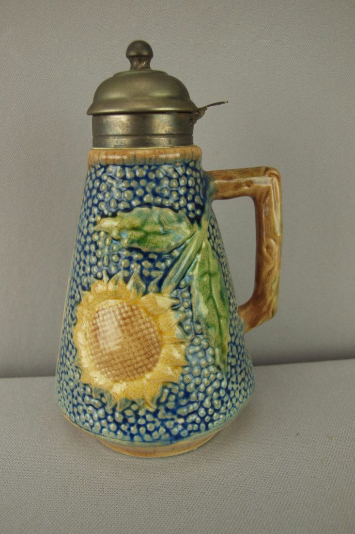 ETRUSCAN majolica sunflower syrup pitcher with pew: ETRUSCAN majolica sunflower syrup pitcher with pewter top and cobalt ground