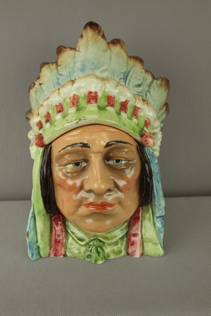 Continental majolica Indian Chief humidor, 8", ha: Continental majolica Indian Chief humidor, 8", hairline to base