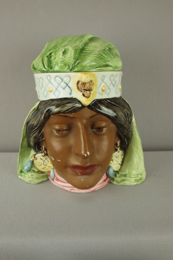Continental majolica humidor of Indian maiden hea: Continental majolica humidor of Indian maiden head, 7", hairline