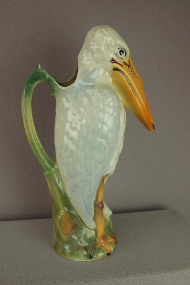 ST. CLEMENT rare majolica marabou stork figural p: ST. CLEMENT rare majolica marabou stork figural pitcher, ref: Cunningham p. 97, 13 3/4"