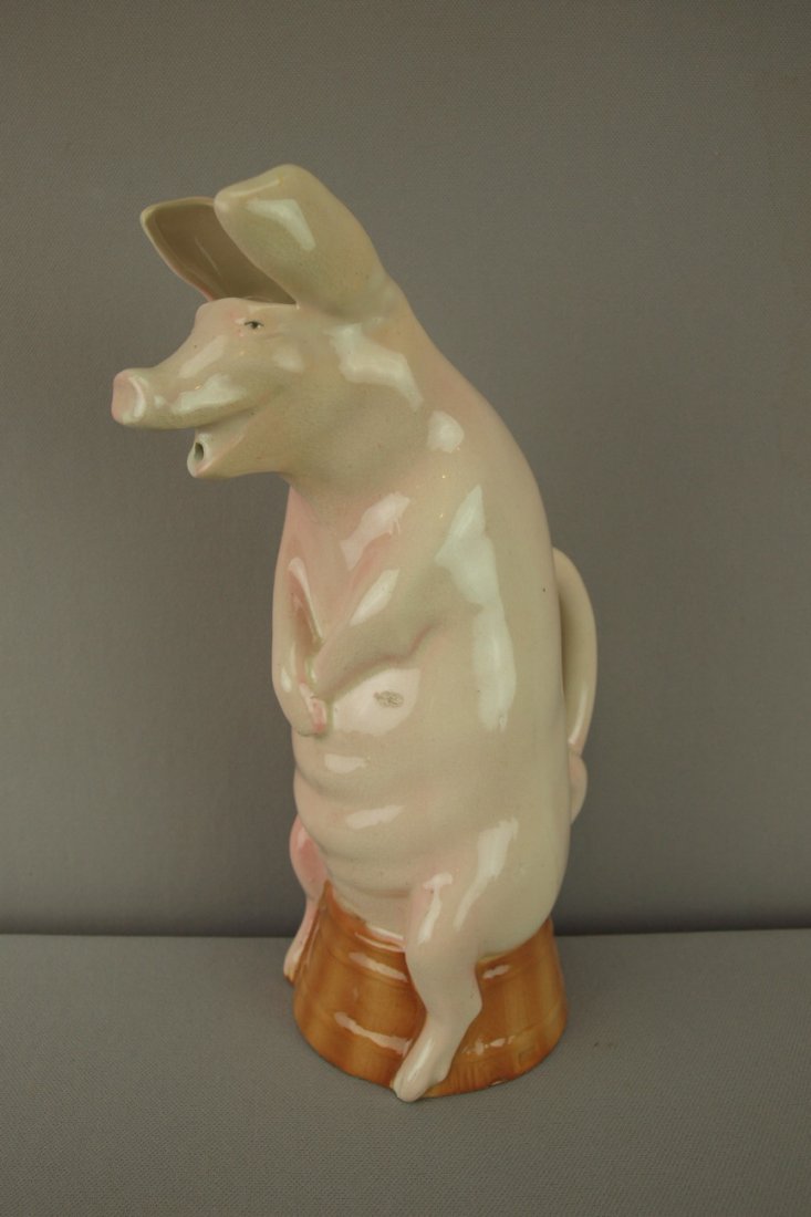 ST. CLEMENT rare majolica figural pitcher in the : ST. CLEMENT rare majolica figural pitcher in the form of a pig on a barrel, ref: Cunningham p. 98, 10 3/4"