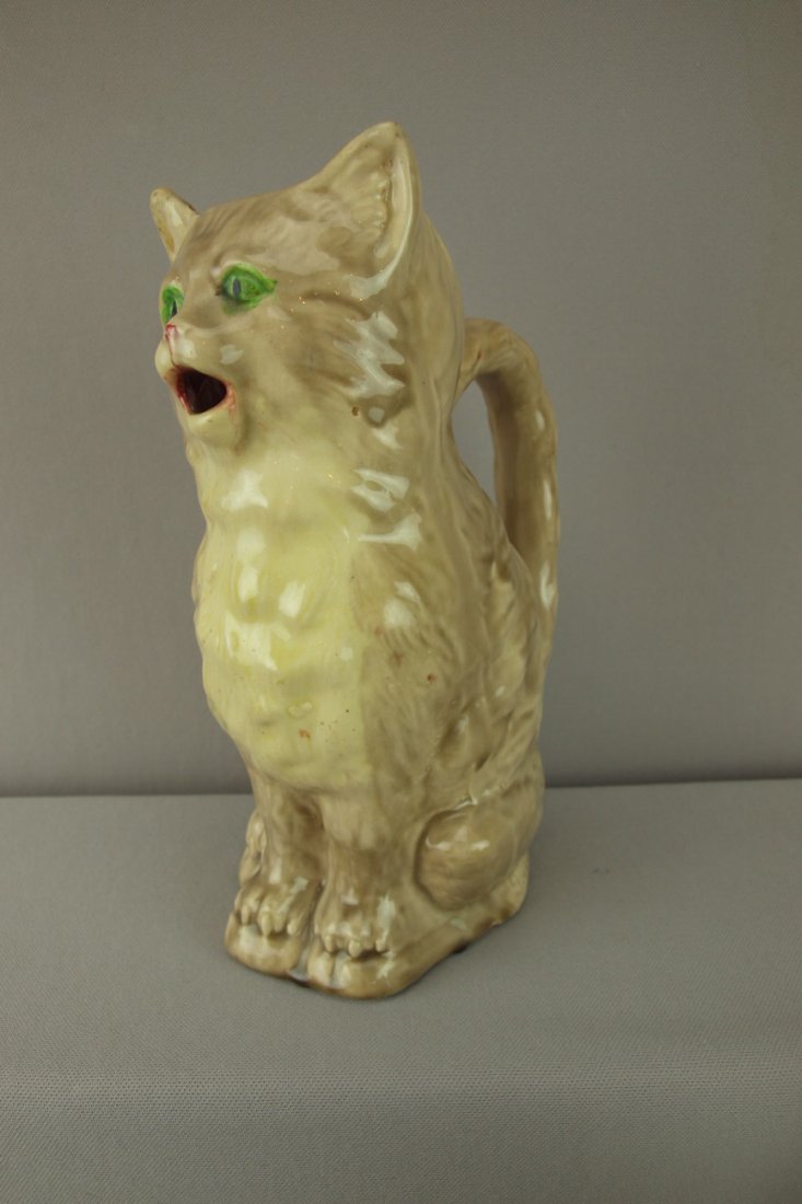 Orchies French majolica figural cat pitcher, ref:: Orchies French majolica figural cat pitcher, ref: Cunningham p. 113, 10 1/4"