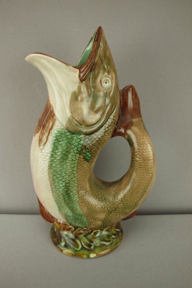 Majolica figural fish pitcher, 11": Majolica figural fish pitcher, 11"