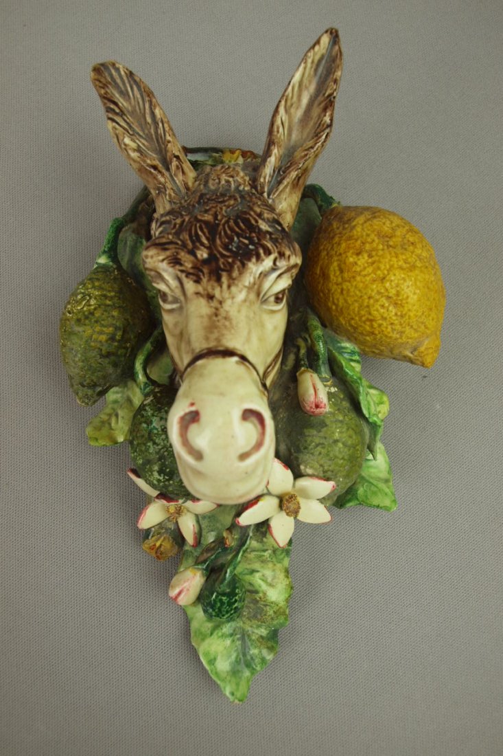MENTON French majolica wall pocket in the form of: MENTON French majolica wall pocket in the form of a donkey with lemons, 10"h