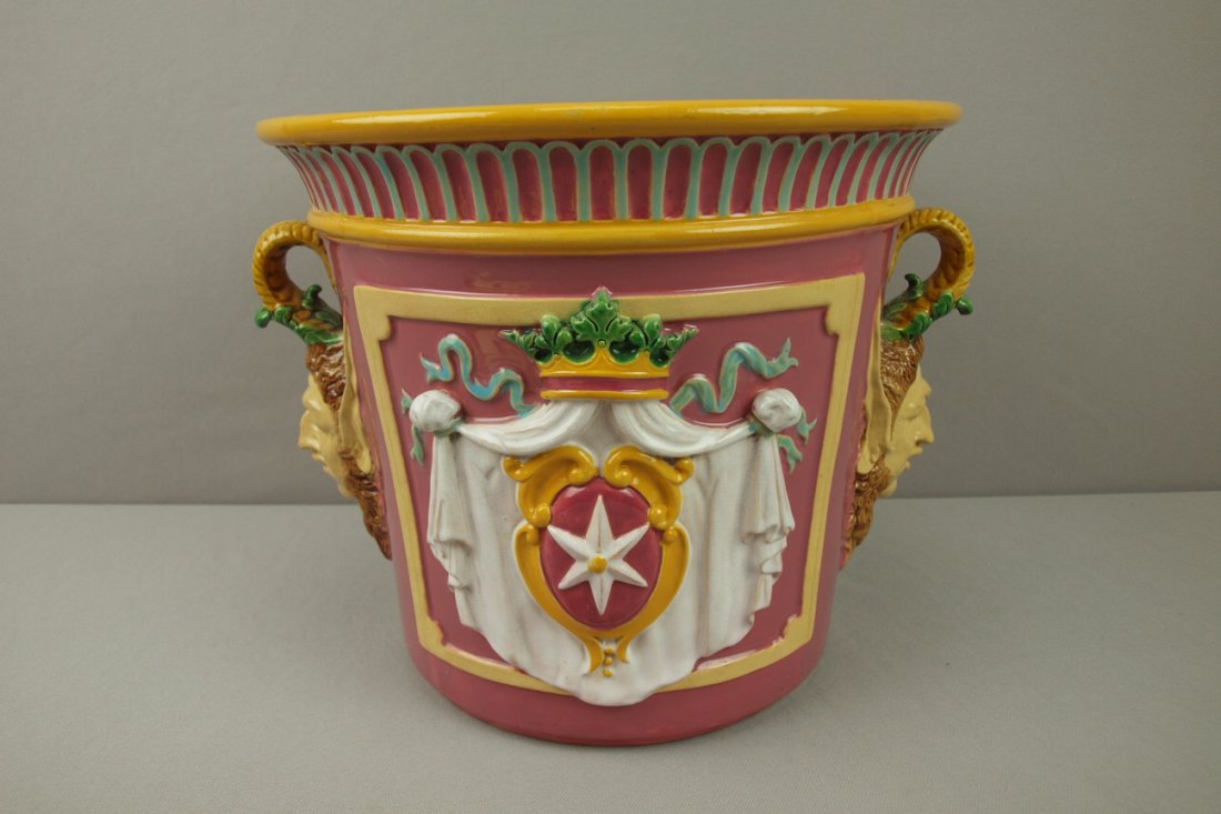 GEORGE JONES majolica jardiniere with Classical M: GEORGE JONES majolica jardiniere with Classical Mythological motif, nice color , 10 1/2"h, 14"w