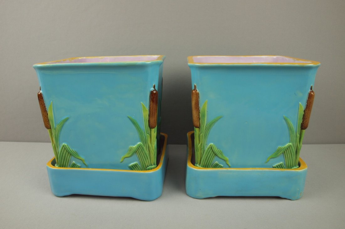 MINTON majolica pair of turquoise square cachepot: MINTON majolica pair of turquoise square cachepots with bullrush corners with matching stands, 9 1/4"h, 8"w, hairline to one stand