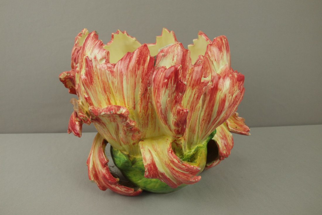 DELPHIN MASSIER majolica flower form jardiniere, : DELPHIN MASSIER majolica flower form jardiniere, 10 1/2"h, hairline and nicks/chips to tips of flower