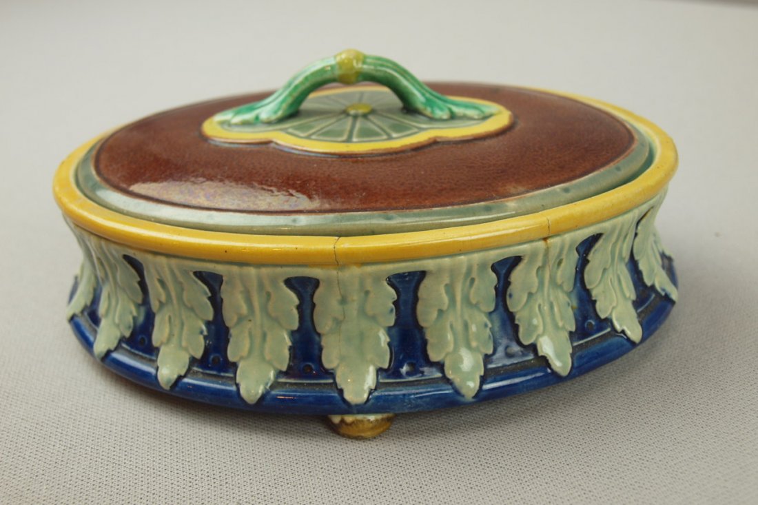 BROWNFIELD majolica oval covered pate box, hairli: BROWNFIELD majolica oval covered pate box, hairlines to base, 6 1/4"l