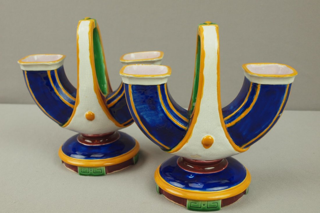 MINTON Aesthetic pair of double flower holders wi: MINTON Aesthetic pair of double flower holders with handles, shape no. 1494, 7"h, unusual form