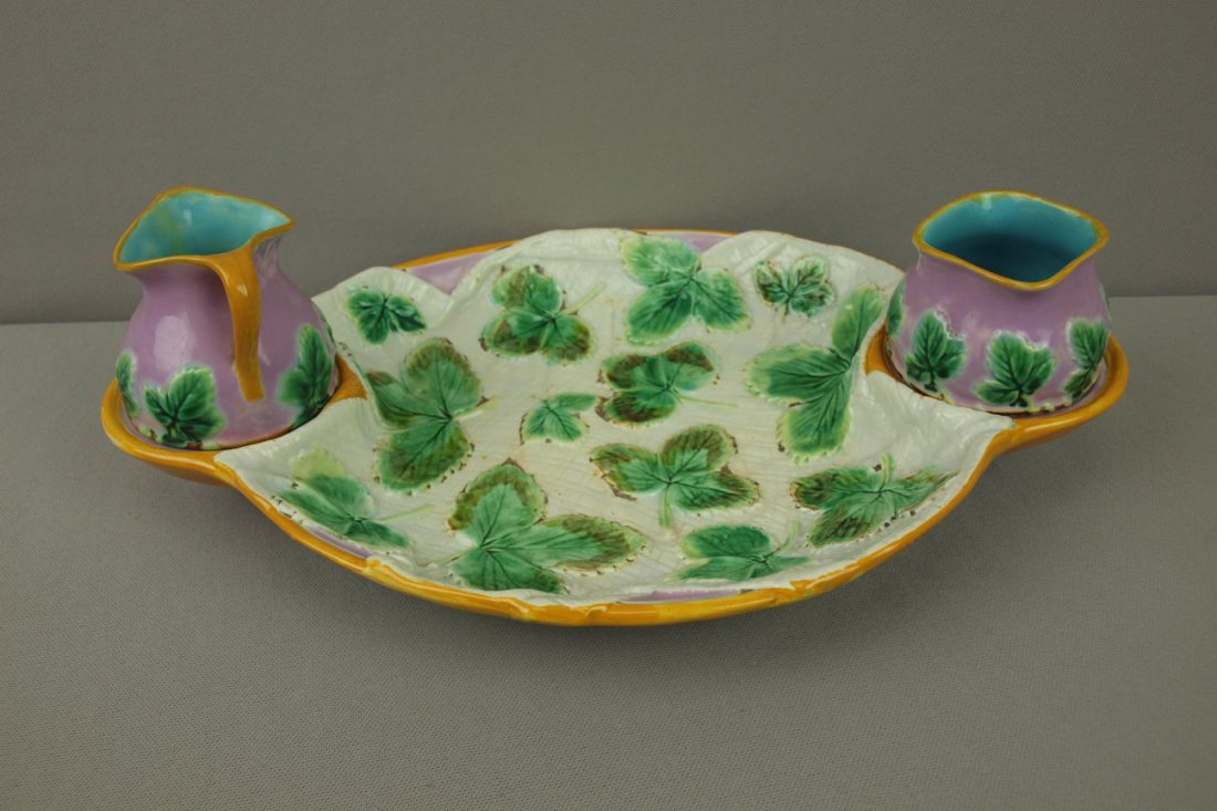 GEORGE JONES majolica napkin strawberry server wi: GEORGE JONES majolica napkin strawberry server with fitted cream and sugar with pink ground, 14"w