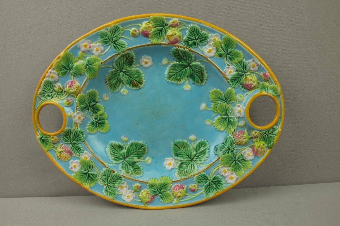GEORGE JONES turquoise majolica strawberry tray,: GEORGE JONES turquoise majolica strawberry tray, 14 1/2", professional rim repair