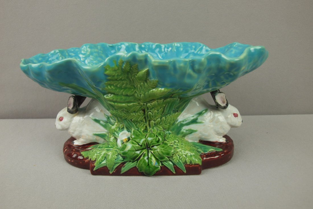 MINTON majolica table center in the form of two r: MINTON majolica table center in the form of two rabbits under cabbage leaf, nice detail, shape no. 1451, 9 1/2"l